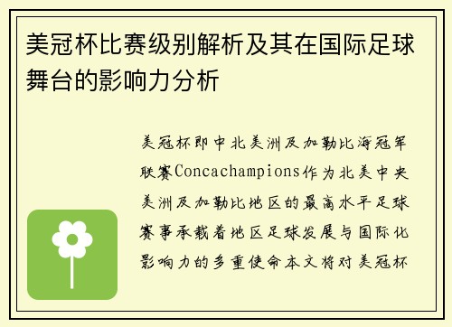 美冠杯比赛级别解析及其在国际足球舞台的影响力分析