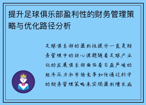 提升足球俱乐部盈利性的财务管理策略与优化路径分析